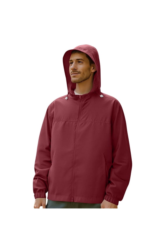 (S-5XL) Big and Tall Rain Jacket Men Sun Protection Outdoor Zipper Pockets Jacket, Lightweight Hooded Raincoat for Daily Casual Red XXXL