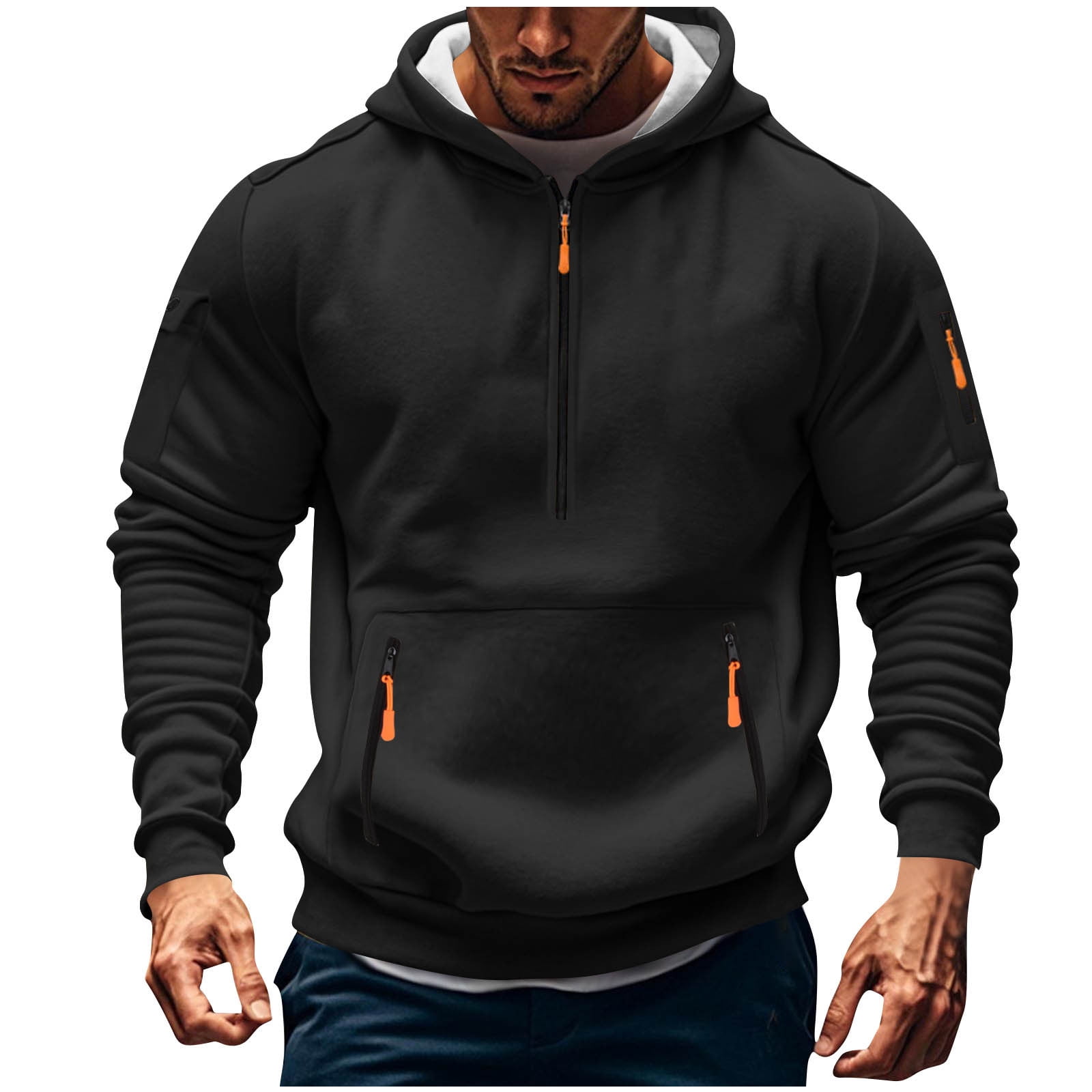 LNWUY (S-5XL) Hoodies for Men Plus Size Big and Tall Sweatshirts Quarter Zip Hoodie Pullover Fleece Oversized Hooded Sweatshirt Black M