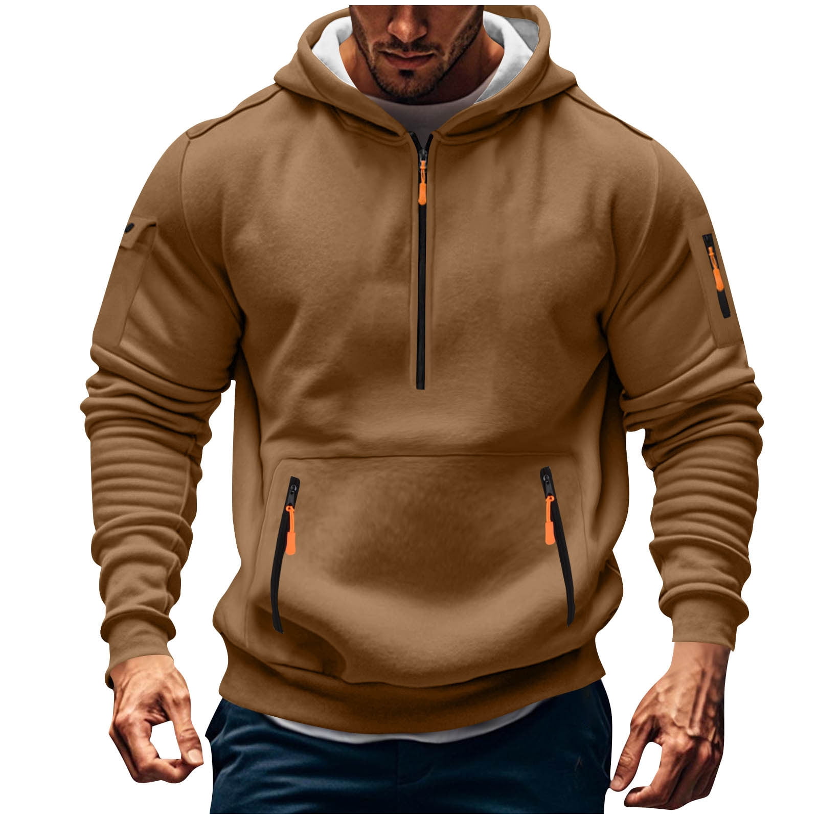 LNWUY (S-5XL) Hoodies for Men Plus Size Big and Tall Sweatshirts Quarter Zip Hoodie Pullover Fleece Oversized Hooded Sweatshirt Brown XXXXXL