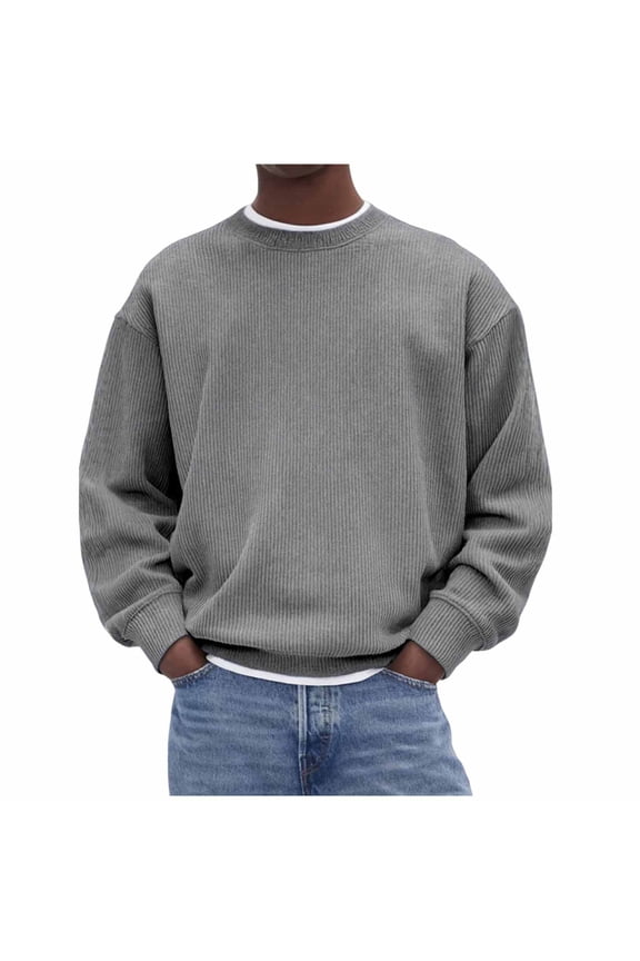(S-5XL) Mens Big and Tall Corduroy Crewneck Sweaters Solid Color Slim Fit Lightweight Knit Pullover Sweaters for Casual Gray XXXXL