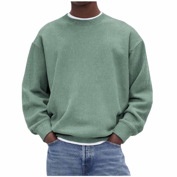 LNWUY (S-5XL) Mens Big and Tall Corduroy Crewneck Sweaters Solid Color Slim Fit Lightweight Knit Pullover Sweaters for Casual Green XXXXXL