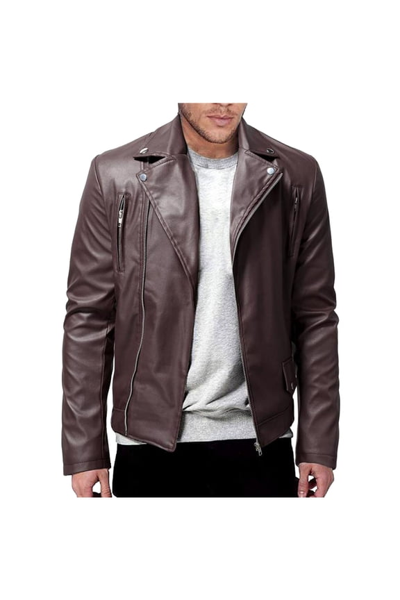 (S-5XL) Plus Size Men Faux Leather Jacket, Fall Winter Thickening Coat Long Sleeve Zip Up Leather Jacket Sports Basic Parka with Pocket Brown XXXXXL