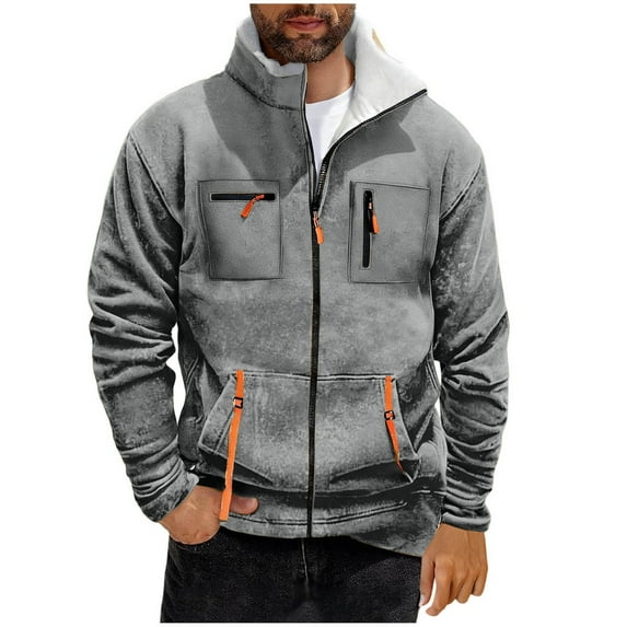 LNWUY (S-5XL) Plus Size Men's Vintage Casual Jacket Solid Color Long Sleeve Stand-Up Collar with Zipper Pocket, Fleece Lined for Warmth Gray L