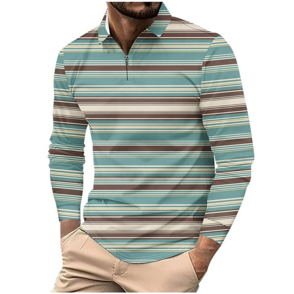 LNWUY (S-5XL) Plus Size Mens Color Block Striped Shirts Casual Long Sleeve Zipper Turndown Collar Top Moisture Wicking Golf Shirts Green XXXXL