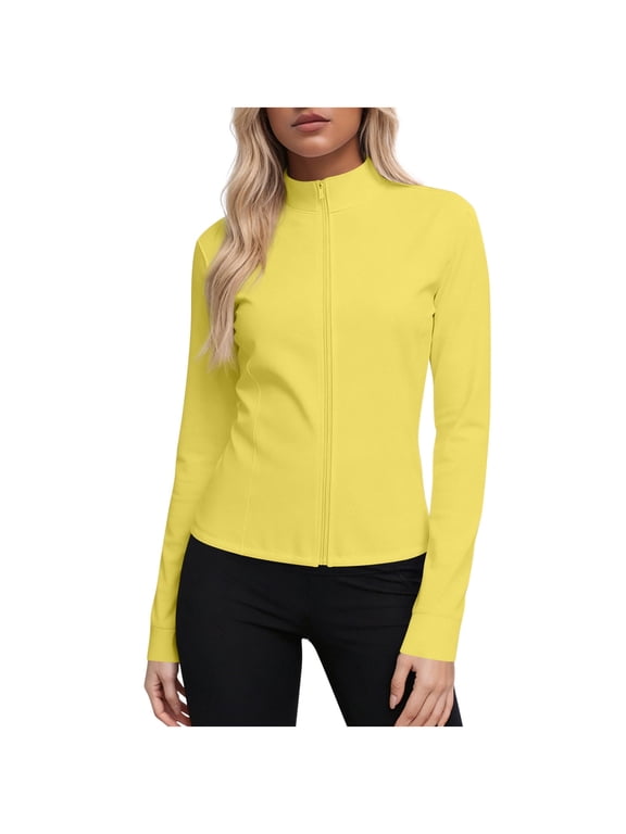 (S-5XL) Plus Size Women's Athletic Jackets Cropped Long Sleeve Workout Tops Yoga Zip Up Jackets Gym Tops Golf Shirts Yellow XXXXL