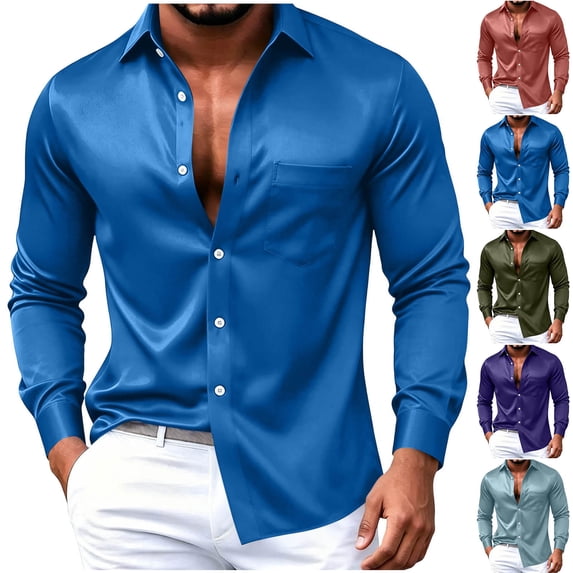 LNWUY Satin Button Down Shirts for Men Big and Tall Long Sleeve Collar Pocket Top Loose Versatile Business Casual Lightweight Dress Shirts Green S