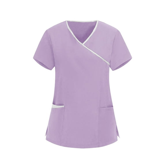 LNWUY Scrubs for Women Loose Fit Stretchy Scrub Tops Nurse Uniform Shirts V-Neck Short Sleeve T-Shirt Tee with Pockets Purple XL