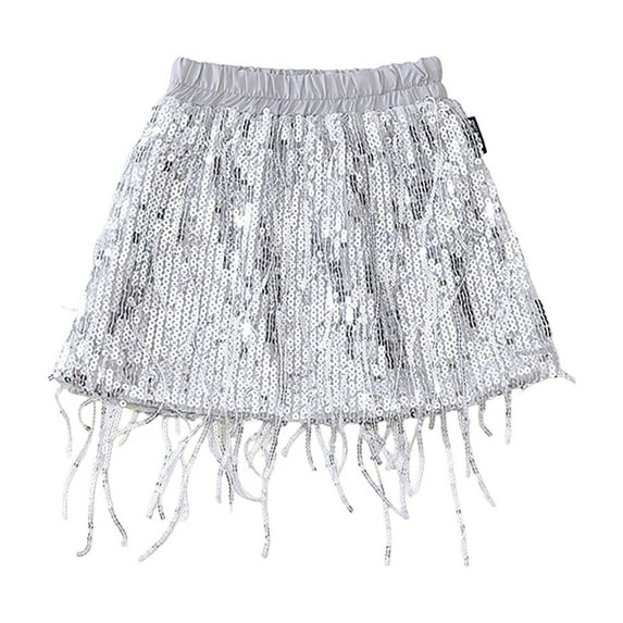 LNWUY Sequin Fringe Skirt Sparkly Tassel Sequin Party Skirts Belly Dance Hip Scarf Skirt for Women Girls Silver 120