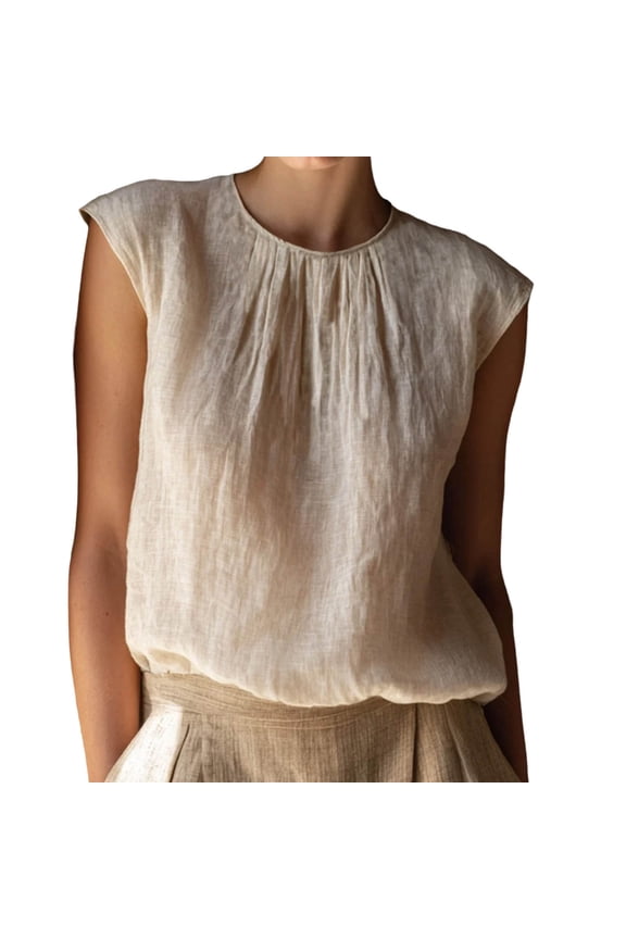 Short Sleeve Linen Shirts for Women Crew Neck Pleated Front Cropped T-Shirts Summer Lightweight Casual Loose Fit Blouses Beige XXL