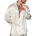 thumbnail image 1 of LNWUY Silk Tops for Men Fall Solid Color Basic Cardigan Deep V Neck Long Sleeve Blouse Trendy Buttons Flowy Loose Fit Shirts White XXL, 1 of 5