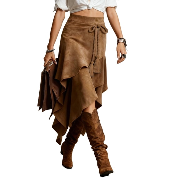 LNWUY Skirt for Women Vintage Casual High Waisted Ruffle Layered Asymmetrical Maxi Skirts Brown XL