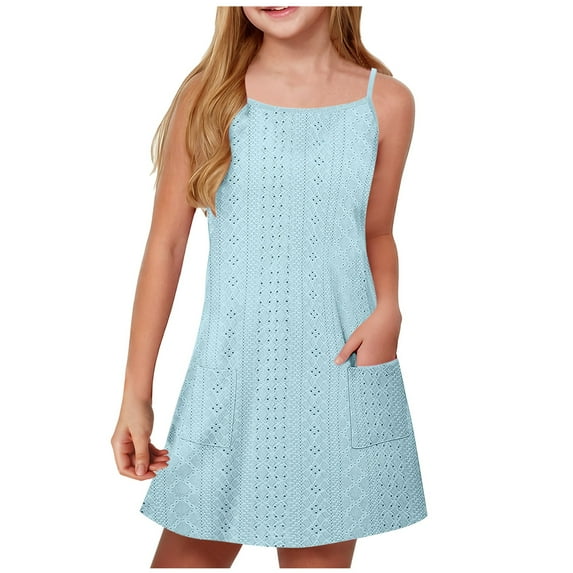 LNWUY Sleeveless Solid Color Dresses for Middle and Older Children Girls Halter Dresses Court Locks Round Neck Dresses Light Blue 14 Years