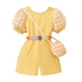 thumbnail image 1 of LNWUY Small and Medium-Sized Girls' Cute Fashion Puff Sleeve Ribbed Back Cross Comfy Breathable Jumpsuit with Bag Yellow 3 Years, 1 of 3