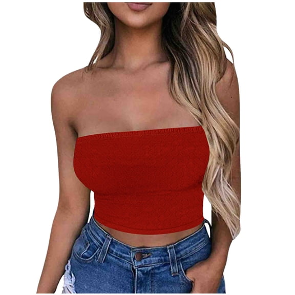 LNWUY Solid Color Court Lock Tube Tops Basic Crop Tops for Women Strapless Casual Bandeau Strapless Shirts Tank Tops Red XL