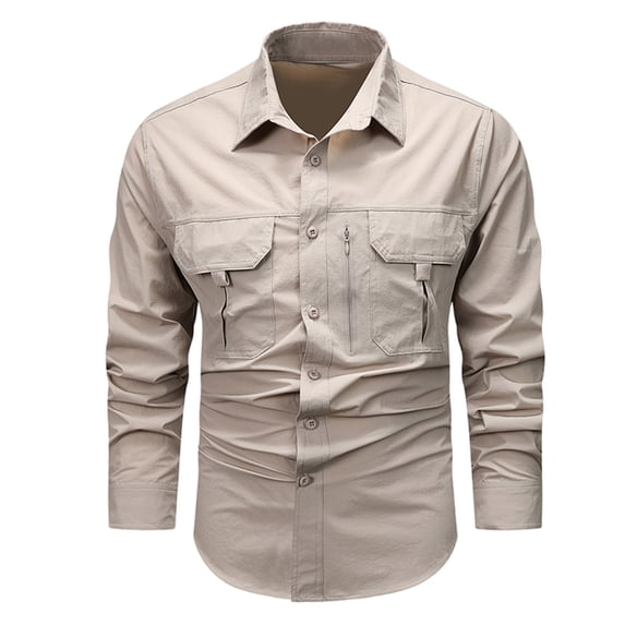 LNWUY Solid Fashion Long Sleeve Fishing Shirts for Men Hiking Cargo Lightweight Button down Shirt Outdoor Casual Shirt White M