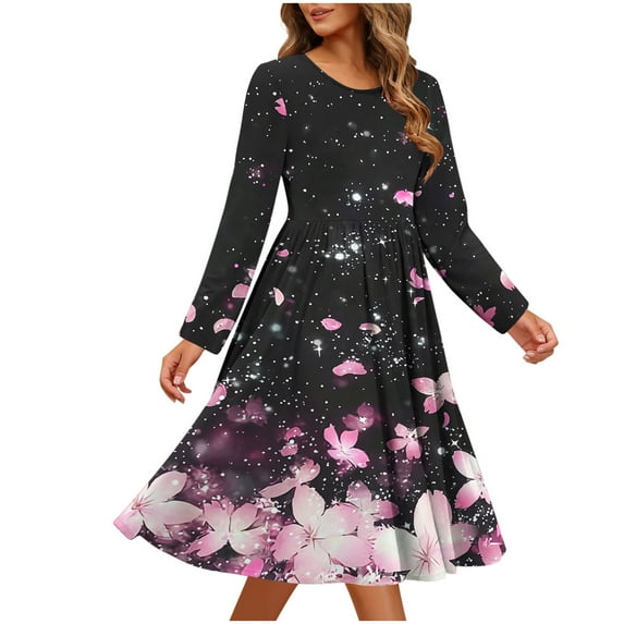 LNWUY Spring Long Sleeve Midi Dresses for Women Fashion Printed Casual Loose Fit Crewneck Flowy Beach Dress with Pockets Pink M
