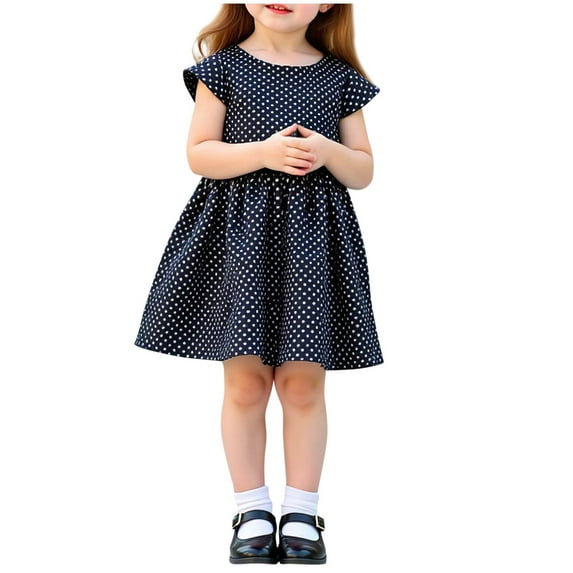 LNWUY Spring and Summer Girls Toddler Polka Dot Print Short Sleeve Bow Tie Round Neck Dress Waisted Dance Skirt Children's Dress Black 5 Years