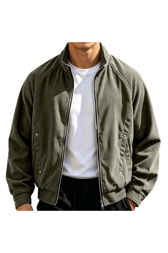 Stand Collar Vertical Corduroy Zip Up Jacket for Men Plus Size Raglan Sleeve Top Fall Winter Loose Daily Casual Outerwear Green XXXL