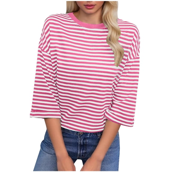 LNWUY Striped Tshirt Women Bow Tie Back,Striped Half Sleeve T Shirts Oversized Crewneck Tee for Daily Wear Vacation Pink L