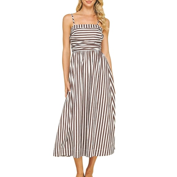 LNWUY Summer Ruched Maxi Dress for Women Elegant Fashion Striped Spaghetti Strap Sleeveless High Waist Long Swing Dress Brown M