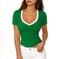 thumbnail image 1 of LNWUY Summer Tops for Women Short Sleeve Tops V Neck Ribbed Knit Slim Fitted Basic Tee Shirt Casual Clothes Spring Outfits Green M, 1 of 6
