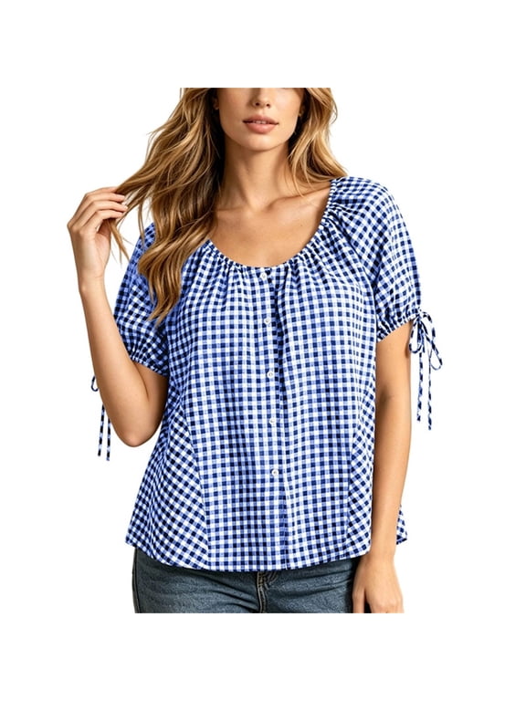Summer Trendy Gingham Tops for Womens Cotton Blend Plaid Print Blouses Round Neck Vintage Puff Sleeve Cute Tops Blue M