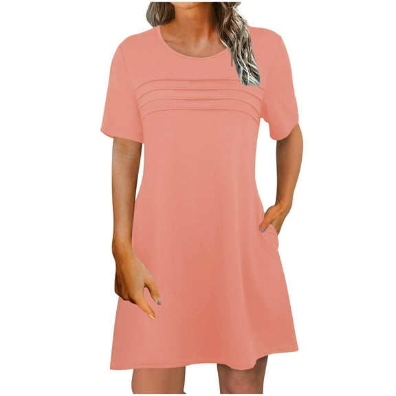 LNWUY T Shirt Dresses for Women 2025 Casual Summer Short Shift Dress Comfy Crew Neck Short Sleeve Dresses with Pockets Pink L