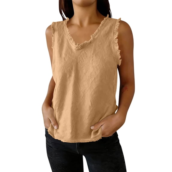 LNWUY Tank Tops for Women Distressed Casual Linen Tassel Patchwork Camisoles Vest Sleeveless Ruffled Crewneck Blouse Yellow L