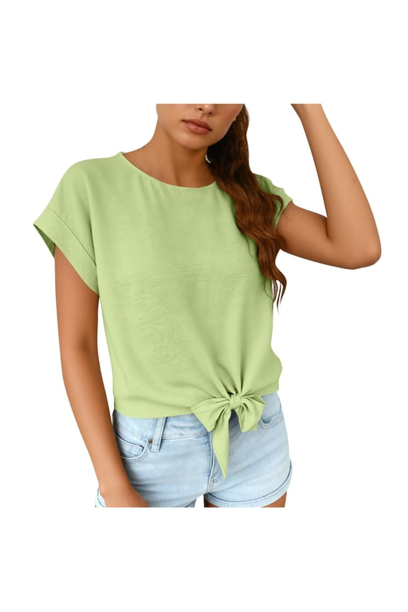 Tie Front Tops for Women Cap Sleeve Crewneck Solid Color Blouses Loose Fit Summer Fashion Shirts Pullover Green L