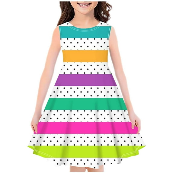 LNWUY Toddler Baby Girls Rainbow Striped Dress Princess Sleeveless Beach Sundress Floral Spring Summer Soft Comfy Breathable Casual Dress Pink 150