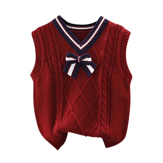 LNWUY Toddler Baby Sweater Sleeveless Vest Girls V-neck Top Kids School Uniform Boys Spring Autumn Unisex Bow Tie Pullover Wine 5 Years