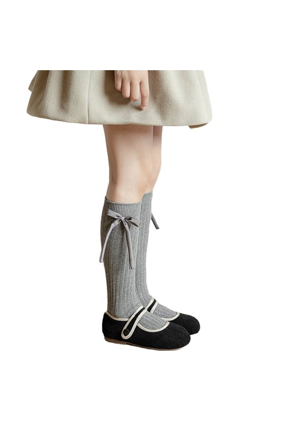 LNWUY Toddler Girls Solid Color Cotton Calf Socks Spring and Autumn Girls Mid-Calf Socks Bow Tie Socks Gray 6-14Years