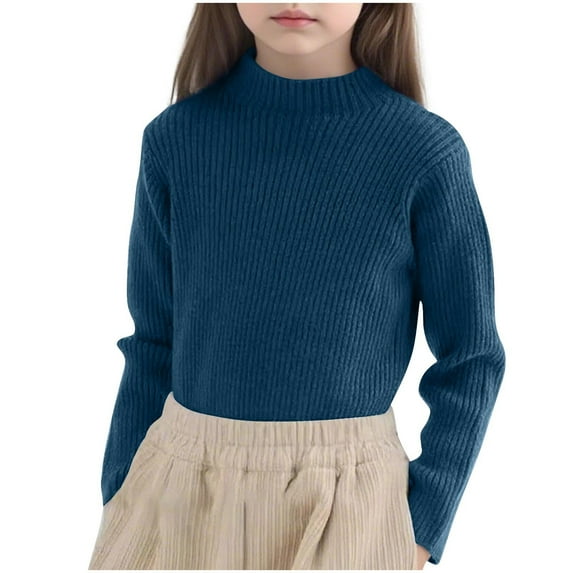 LNWUY Toddler Girls Solid Color Half High Neck Long Sleeve Sweater Middle and Big Kids Casual Comfortable Knit Top Blue 12 Years