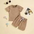 thumbnail image 1 of LNWUY Toddler Kids Baby Boys Girls Summer Outfit Clothes Cute Short Sleeve Round Neck Plain Tees Shirt Tops and Drawstring Short Pants Two Piece Set Khaki 12-18 Months, 1 of 9