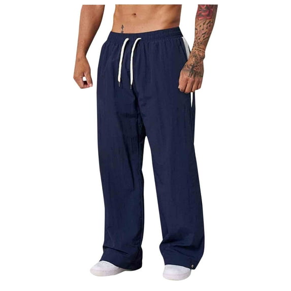 LNWUY Track Pants for Men Casual Drawstring Cotton Linen Blend Pants Lightweight Baggy Contrast Color Workout Pants with Pockets Blue L