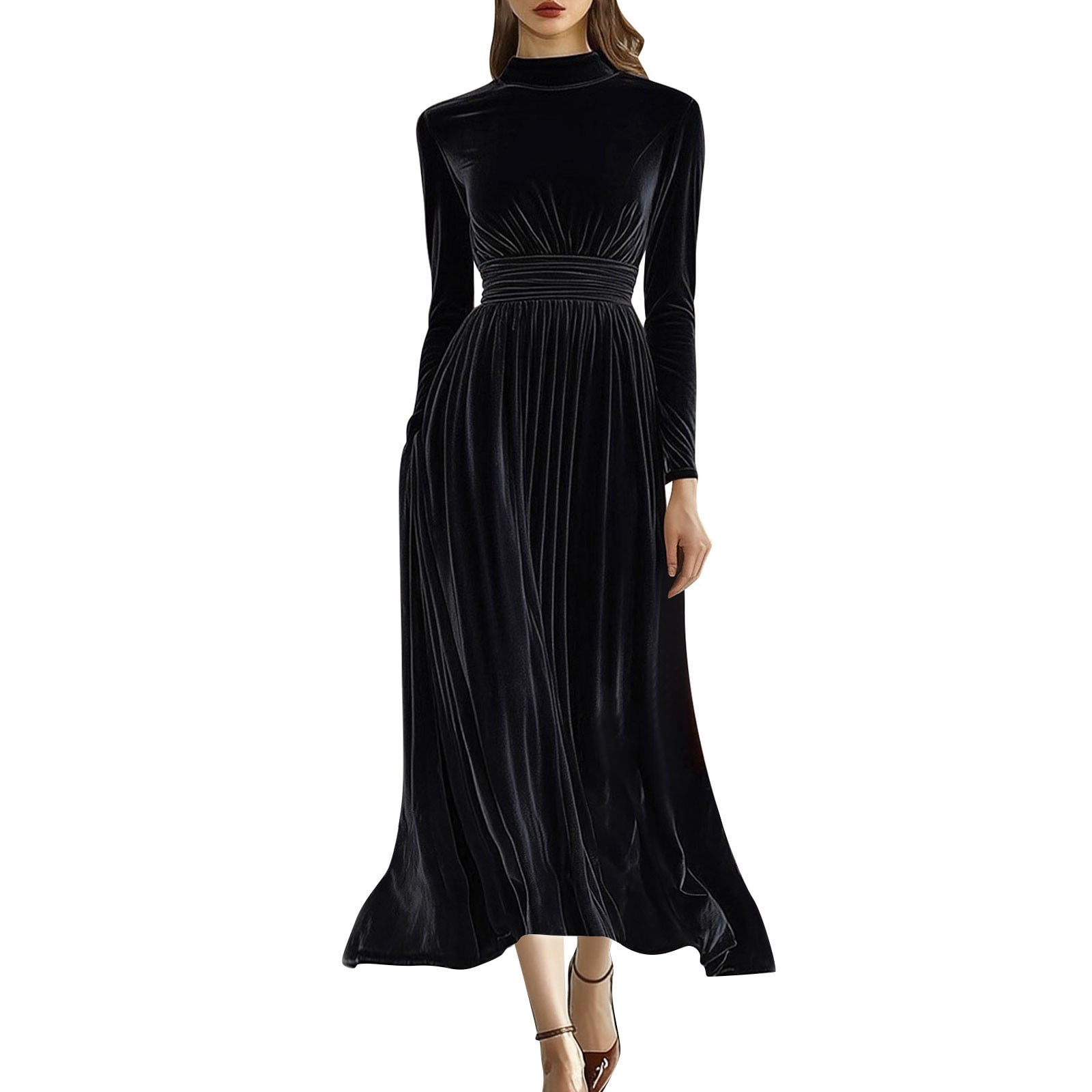 velvet dress for holiday party LNWUY Women Ruched Spring Fall Cocktail Dresses Temperament Formal Elegant Maxi Pleated Dress Brown M LowStock:42602284449843