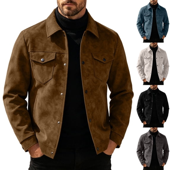LNWUY Vintage Trucker Suede Leather Jacket Men Western Style Leather Jackets Shirt Lapel Collar Jackets For Mens Gray XL