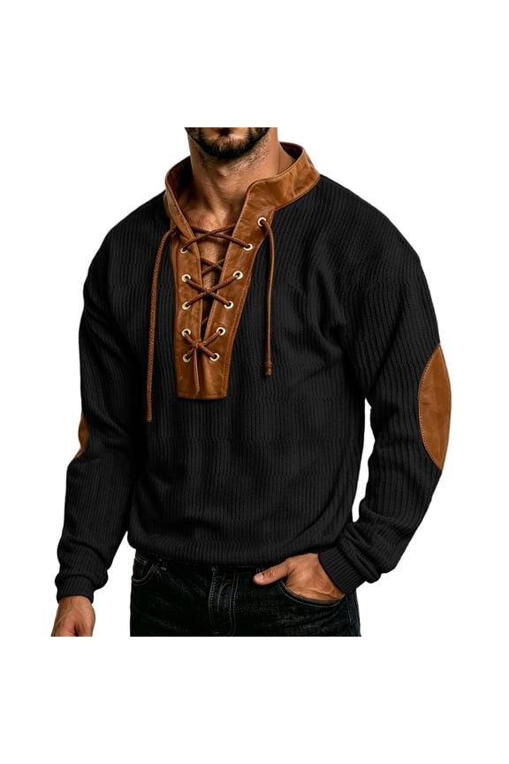 Western Retro Elbow Patch Sweatshirts for Men Long Sleeve Lace Up Stand Collar Henley Pullover Casual Shirts Black S