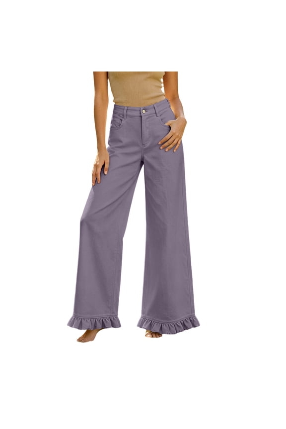 Wide Leg Pants for Woman Casual Ruffle Hem Long Trousers with Pockets Flared Loose Fit Straight Pull On Slacks for Travel Purple S