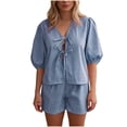 thumbnail image 1 of LNWUY Women 2 Piece Casual Lounge Sets Versatile Plaid Puff Sleeve Peplum Shirt Tie Front Tee Shirt Shorts 2pcs Pajamas Sets Blue L, 1 of 9