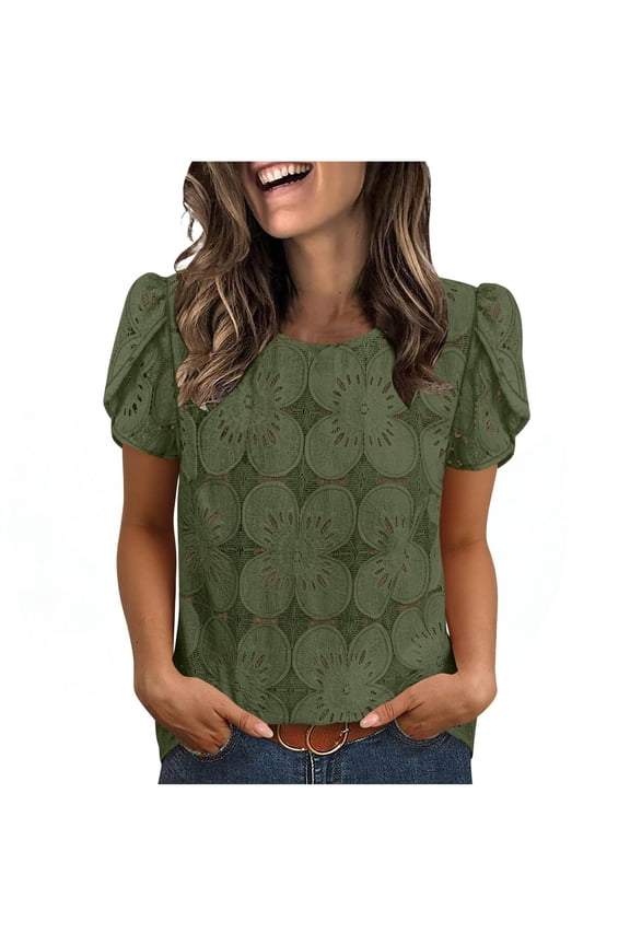 Women Blouses Dressy Casual Short Sleeve Crew Neck Tops Flower Lace Crochet Spring Summer Shirts Beach Vacation Clothes Green L
