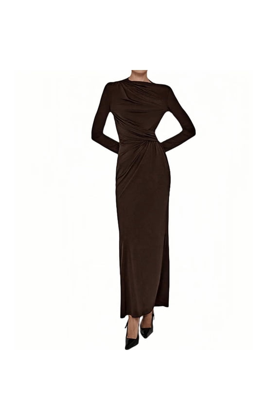 Women Elegant Casual Long Sleeve Asymmetrical Bodycon Lounge Temperament Crewneck Maxi Dress Brown M