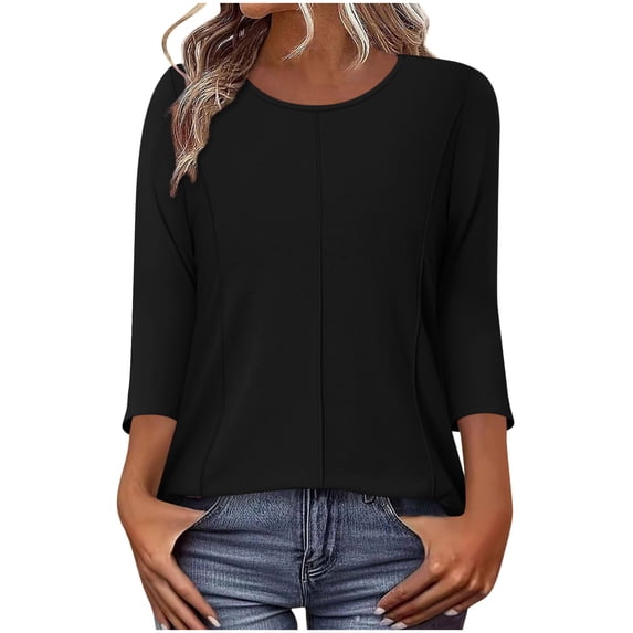 LNWUY Women Fashion Solid Color Long Sleeve Tops Dressy Casual Crew Neck Tshirts Basics Tee Work Blouses Spring and Summer Tops Black M