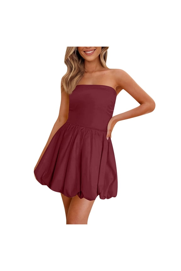 Women Fashion Strapless Sleeveless Mini Dress Tube Top Bubble Skirt Short Dress Off Shoulder Corset Top Balloon Dress Wine L