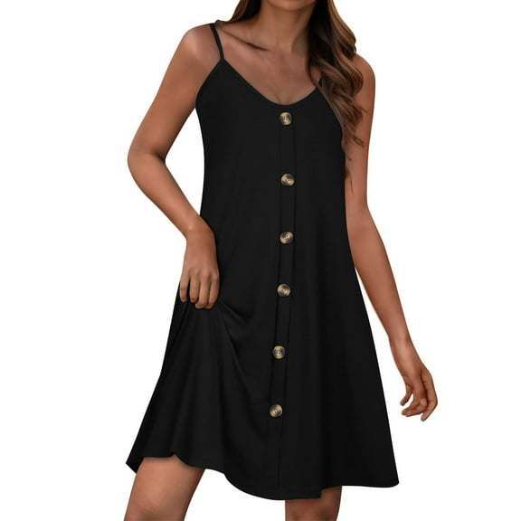 LNWUY Women Fashion Summer Spaghetti Strap Button Down V Neck Sleeveless Causal Beach Cover Up Dress with Pockets Black S