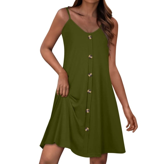 LNWUY Women Fashion Summer Spaghetti Strap Button Down V Neck Sleeveless Causal Beach Cover Up Dress with Pockets Green XXL