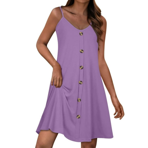LNWUY Women Fashion Summer Spaghetti Strap Button Down V Neck Sleeveless Causal Beach Cover Up Dress with Pockets Purple XL