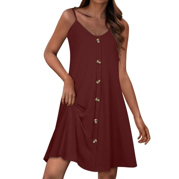 LNWUY Women Fashion Summer Spaghetti Strap Button Down V Neck Sleeveless Causal Beach Cover Up Dress with Pockets Wine L