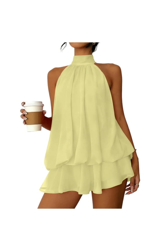 Women Halter Mini Dress Sleeveless Open Back Ruffle Casual Short Skirt Trendy Summer Tie Backless Party Dresses Yellow S