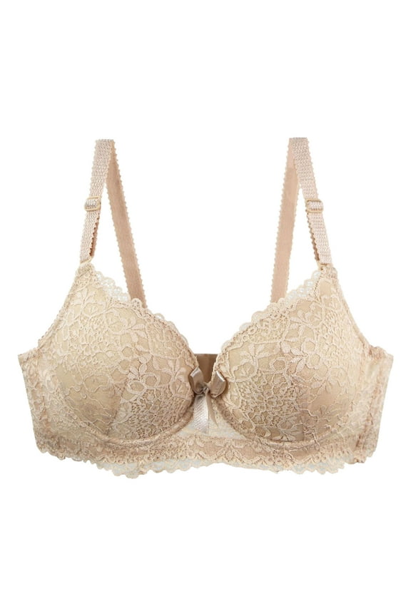 Women Lace Push Up Bras Add Two Cups Size Thick Padded Plunge Cleavage Underwire Bra Beige L